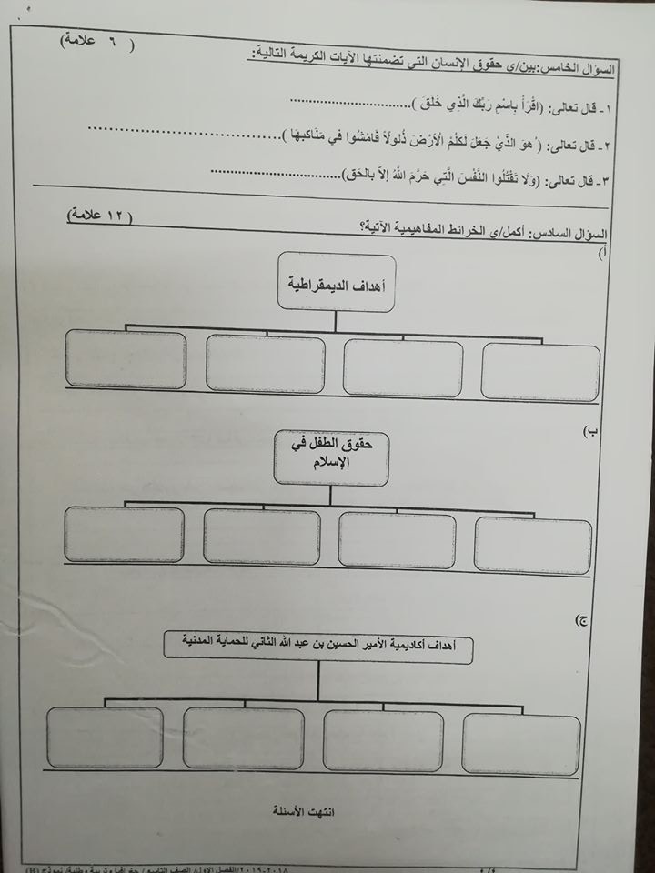 بالصور نموذج B وكالة اختبار الجغرافيا و التربية الوطنية النهائي للصف التاسع الفصل الاول 2018